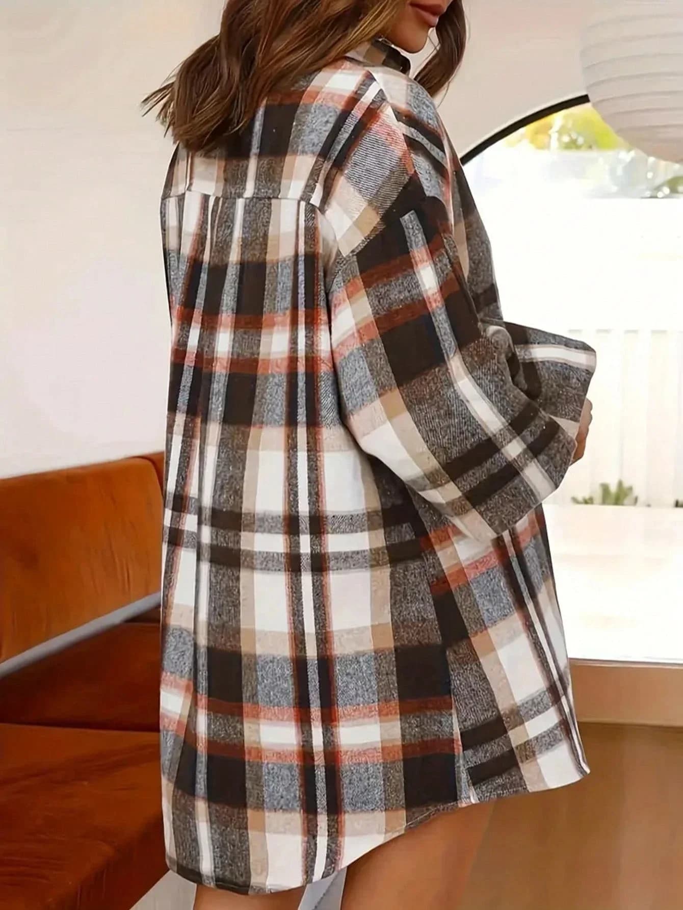 Camicia Giacca a Quadri da Donna Taglie Forti, Blusa Casual con Maniche a Lanterna, Primavera