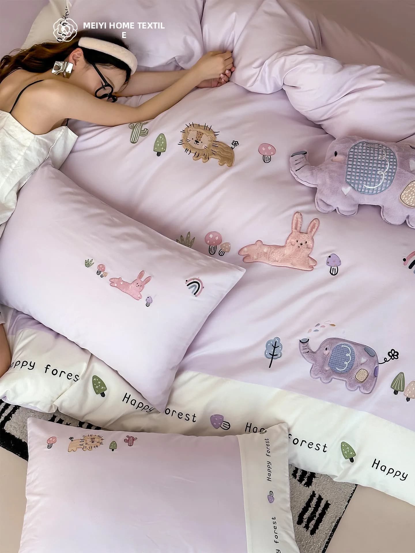 Set di Quattro Pezzi in Flanella Spessa, Copripiumino in Puro Cotone con Ricamo Carino, Accessori per Letto e Coperta