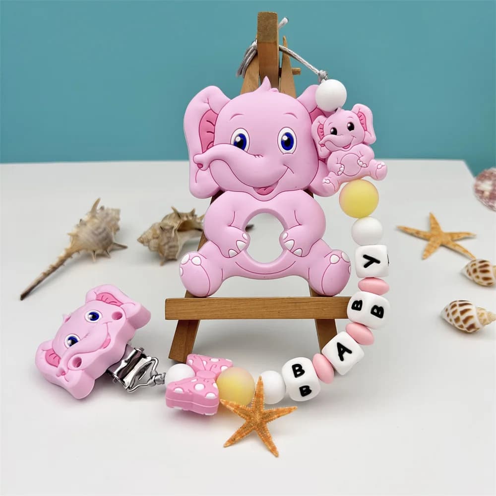 Lettera personalizzata Nome Bambino Elefante in silicone Perline luminose Ciondolo Ciuccio Clip Catene portaciuccio Massaggiagengive per bambini Regalo giocattolo Kawaii
