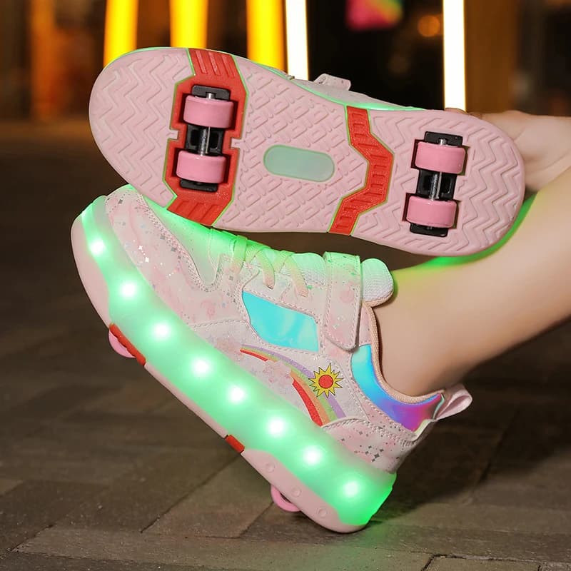 Scarpe da ginnastica per bambini con ruote, pattini a 4 ruote per esterni, pattini da parkour a doppio uso per bambini e bambine, pattini con luci LED luminose