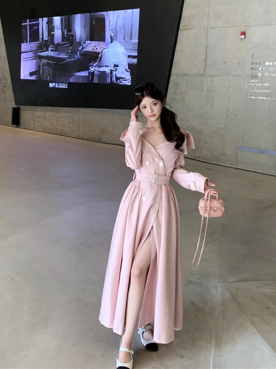 Abito a vento a maniche lunghe con doppio abbottonamento, vita alta, scollo a V casual, da donna, primaverile, rosa, con gonna a trapezio