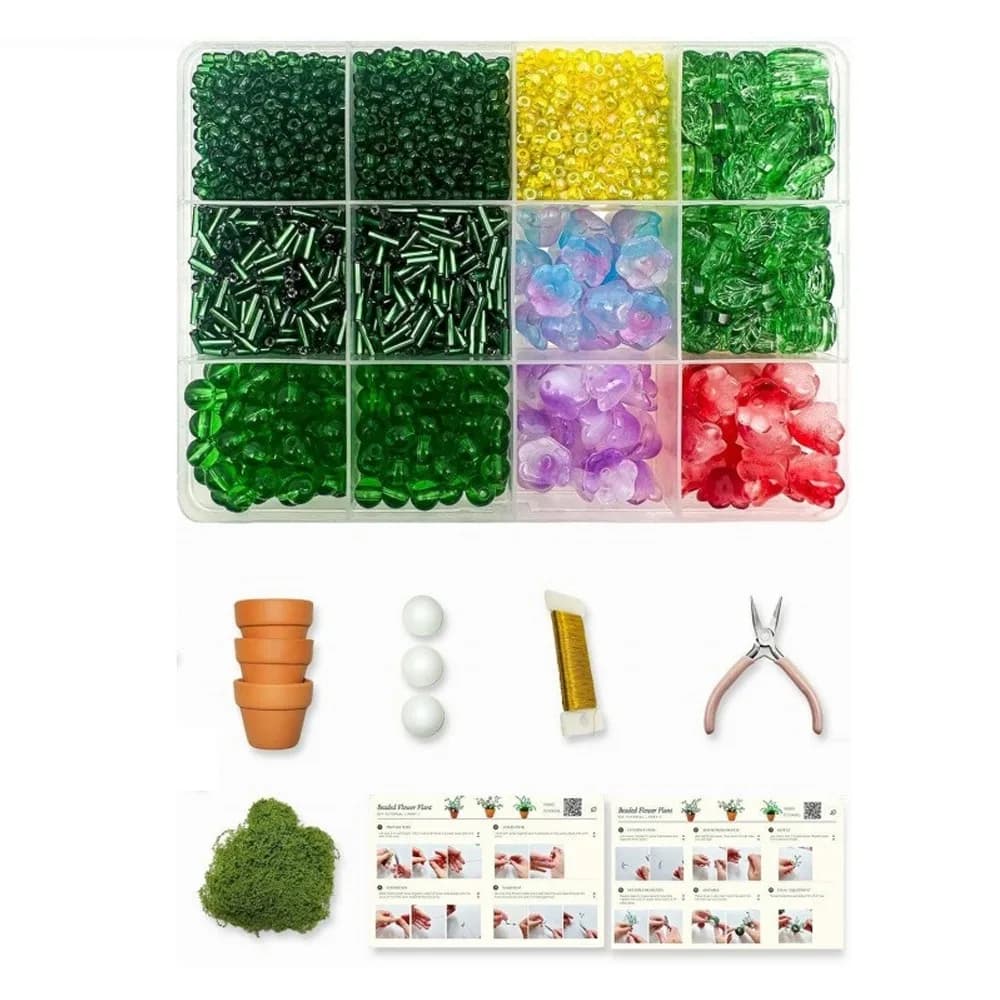 Self-make DIY Glass Bead Potted Plant Kit Succulent Cactus Artificial Moss Beaded Flower Leaf Craft Set Glass Flower Leaf