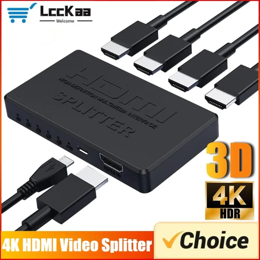 Splitter HDMI 4K 1 Input 4 Outputs, 4K HD Video Distributor, 1x4 HDMI Cable Adapter for PS4, Laptop, Monitor, TV Box, Projector