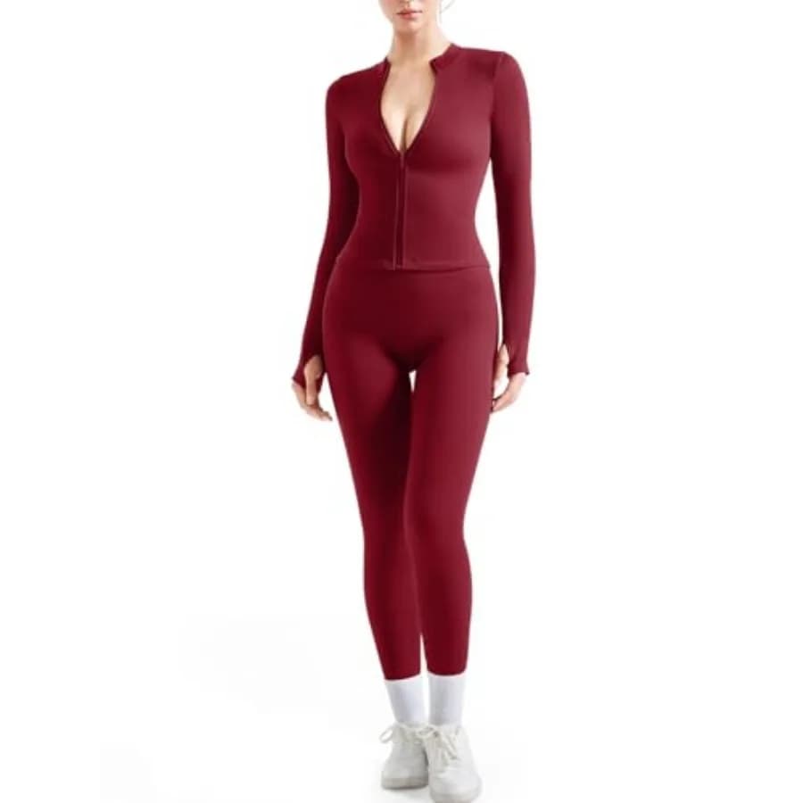SUUKSESS Set da allenamento a costine senza cuciture da donna, 2 pezzi, con giacca con zip e leggings da yoga a vita alta