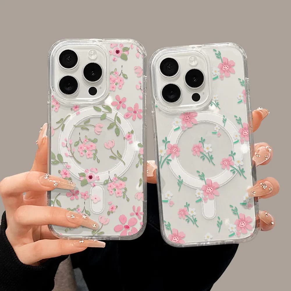 Custodia per telefono fiore rosa per iPhone 17 Pro Max Custodia per iPhone 16 13 15 11 12 14 Pro Max 17 Air per Magsafe Cover magnetica trasparente Funda