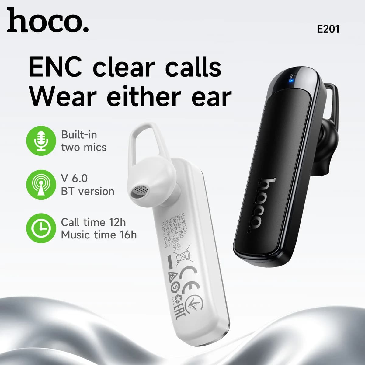 HOCO E201 ENC Auricolare Wireless Singolo con Cancellazione del Rumore per Chiamate, Bluetooth 6.0, Doppio Microfono, Auricolari Business, 170 Ore in Standby