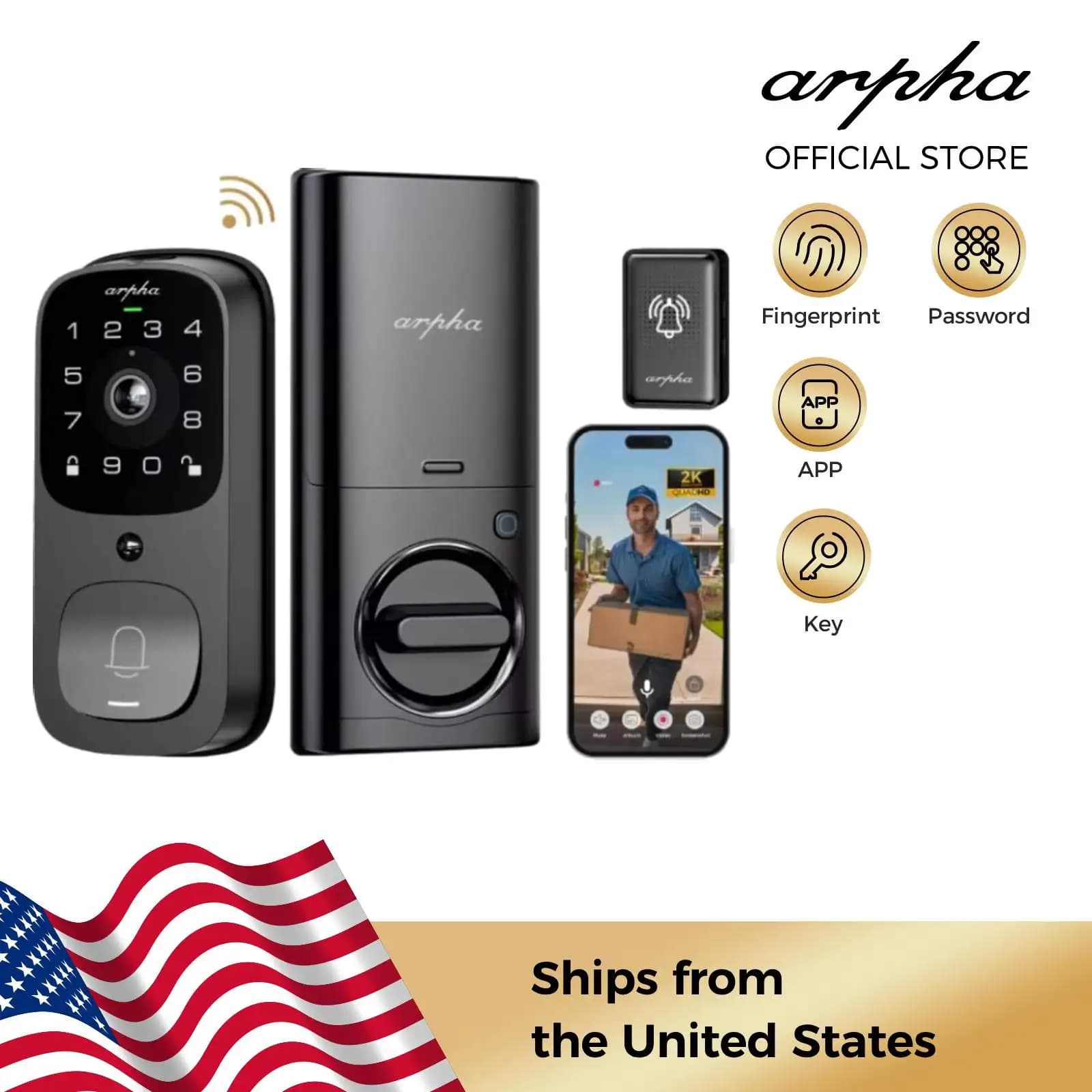 Arpha Smart Lock AL501 Serratura intelligente WiFi all-in-one Videocamera 6 in 1 con campanello Impronta digitale Tastiera digitale senza chiave da 32 GB