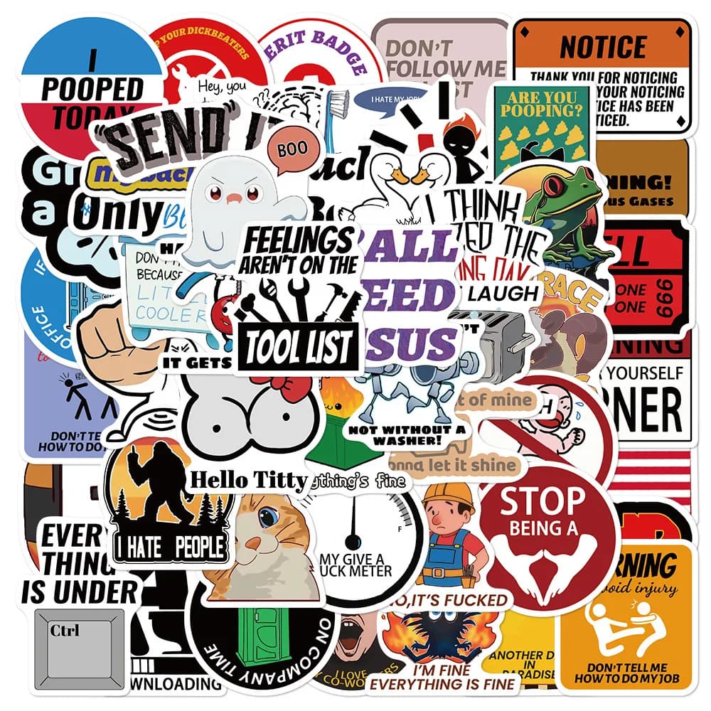 50Pcs Funny Stickers for Adults Meme Pack Stickers for Laptop Hard Hats Car Motorcycle Helmet Sarcastic Graffiti Decals
