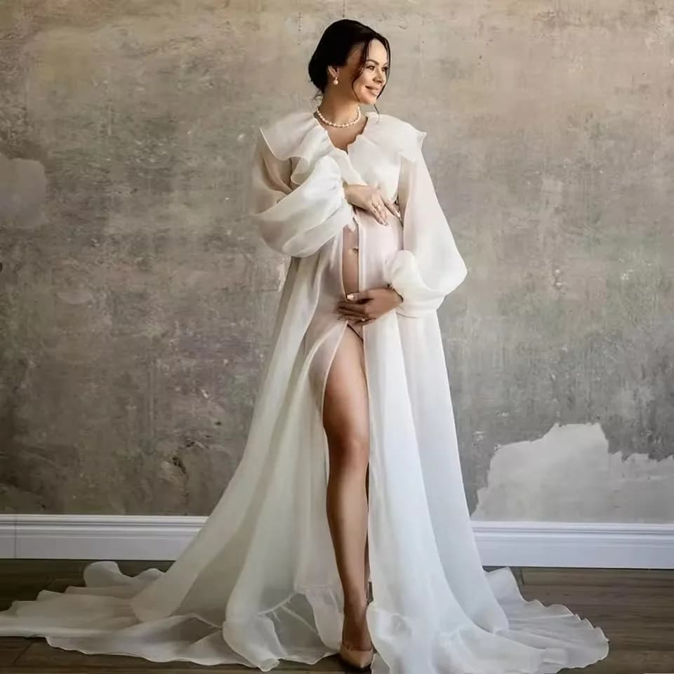 Boho Maternity Photographic Service Chiffon Dress Collar with Volant Lantern sleeve with cord Pregnancy Dress for Baby Shower