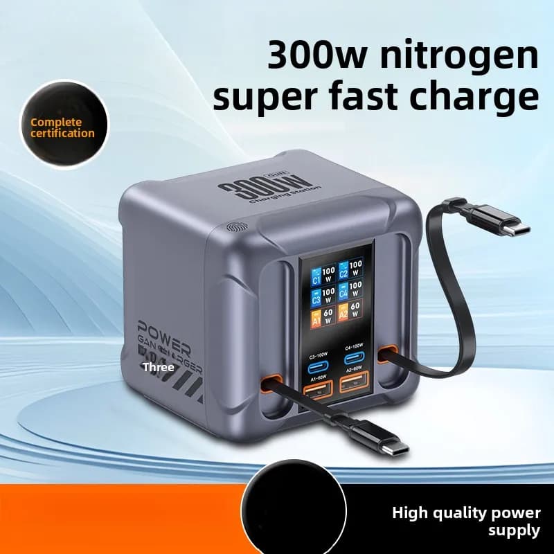 Nuovo Caricatore Rapido Multi-Porta da 300W del 2026 con Cavo Integrato, Stazione di Ricarica USB per Telefoni e Tablet