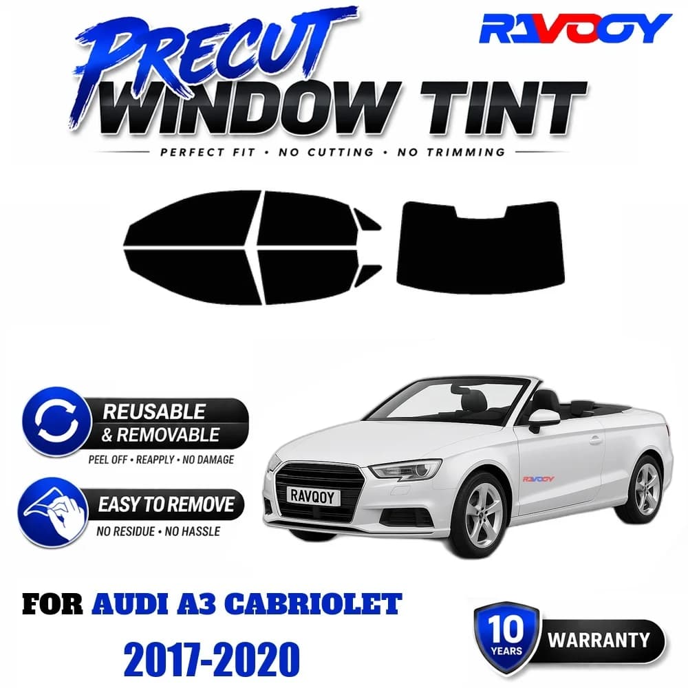 RAVOOY Precut Window Tint, Reusable Removable EPU Film, Custom Fit for Audi A3 CABRIOLET 2017-2020, UV Heat Protection