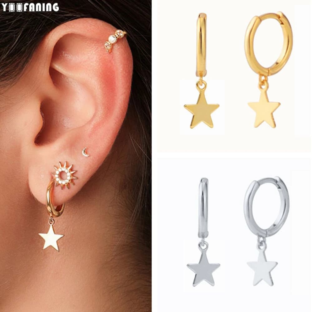 925 Sterling Silver Ear Needle Simple Classic Gold Silver Hoop Earrings Star Shaped Pendant Retro Earrings for Women Jewelry