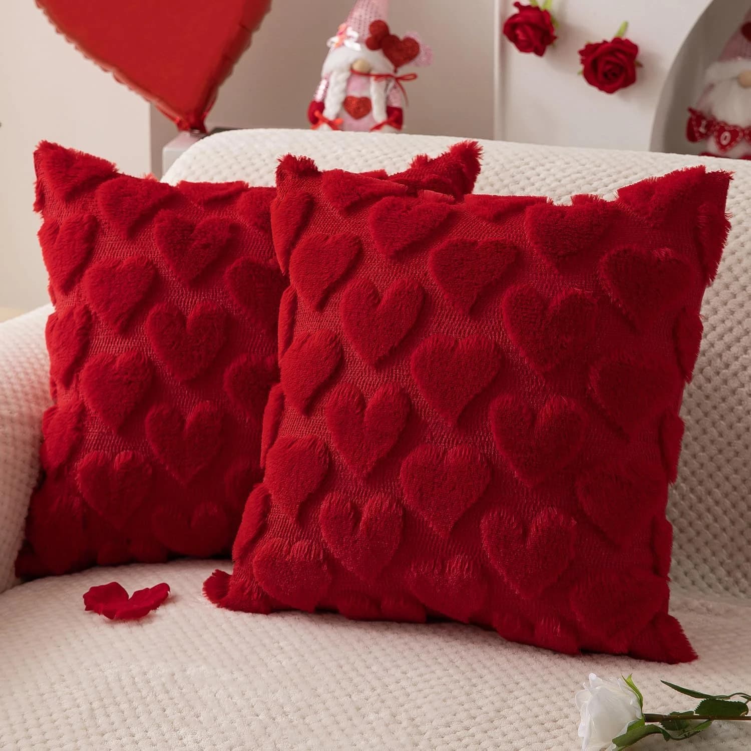 Faithful for pillows in plush for Valentine's Day and Mother's Day with embroidery at heart and jacquard design for sofa, pillows, holiday