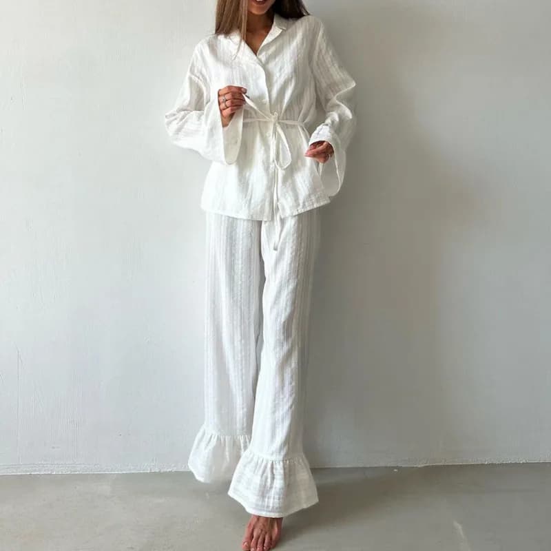 Women's Two Piece Set Elegant Cotton Shirt Long Sleeved Chic Trousers with Volant Large Dresses Pijama Set Nightwear For Home