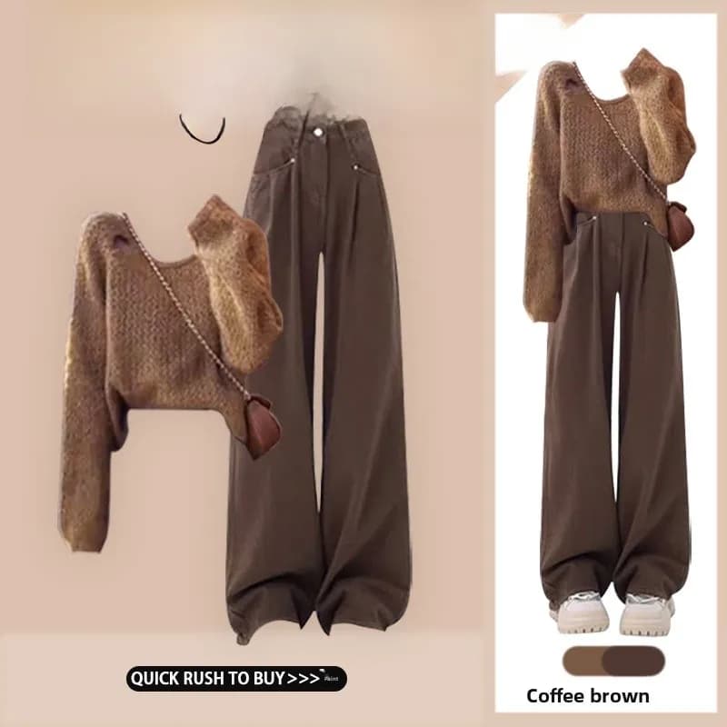 Early Autumn Lazy Style Loose Short Knitted Sweater American High Waist Straight Leg Jeans Two Piece Set Comfortable Fashionable