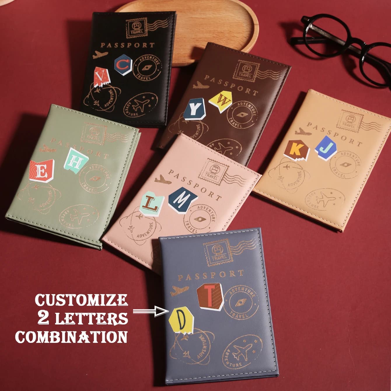 Custodia per passaporto con iniziali personalizzate Porta passaporto con lettera iniziale personalizzata in pelle con timbro da viaggio chic