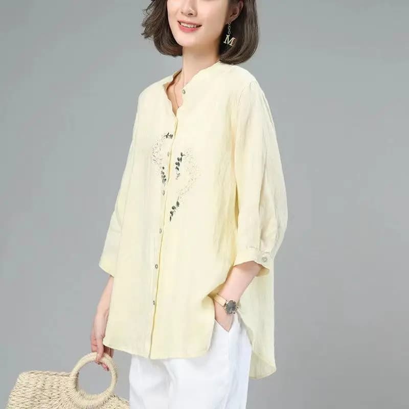 Camicia da donna a maniche lunghe con ricamo vintage primavera estate Camicia semplice casual in cotone e lino Camicetta irregolare a maniche lunghe Tunica ampia