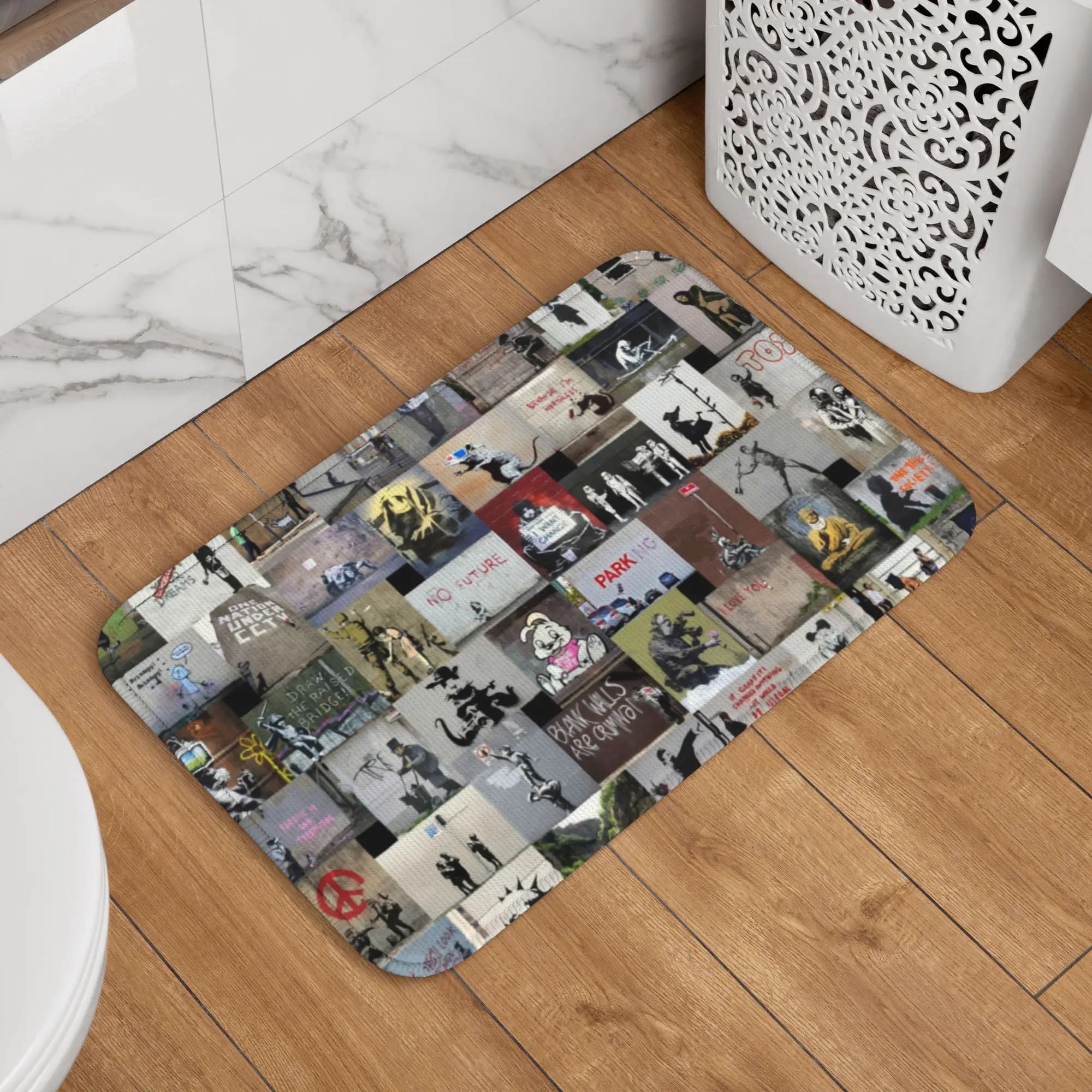 Tappetino Personalizzato Banksy Inghilterra per Porta, Bagno, Cucina, Antiscivolo, per Interni, Stile Street Art Graffiti, Zerbino per WC, Tappeto d'Ingresso