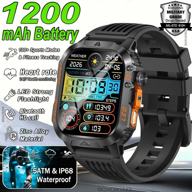 New 1200 mAh Battery Military Smartwatch Men 5ATM Waterproof Flashlight Health Monitor Sports Call Smart Watches For iOS Android