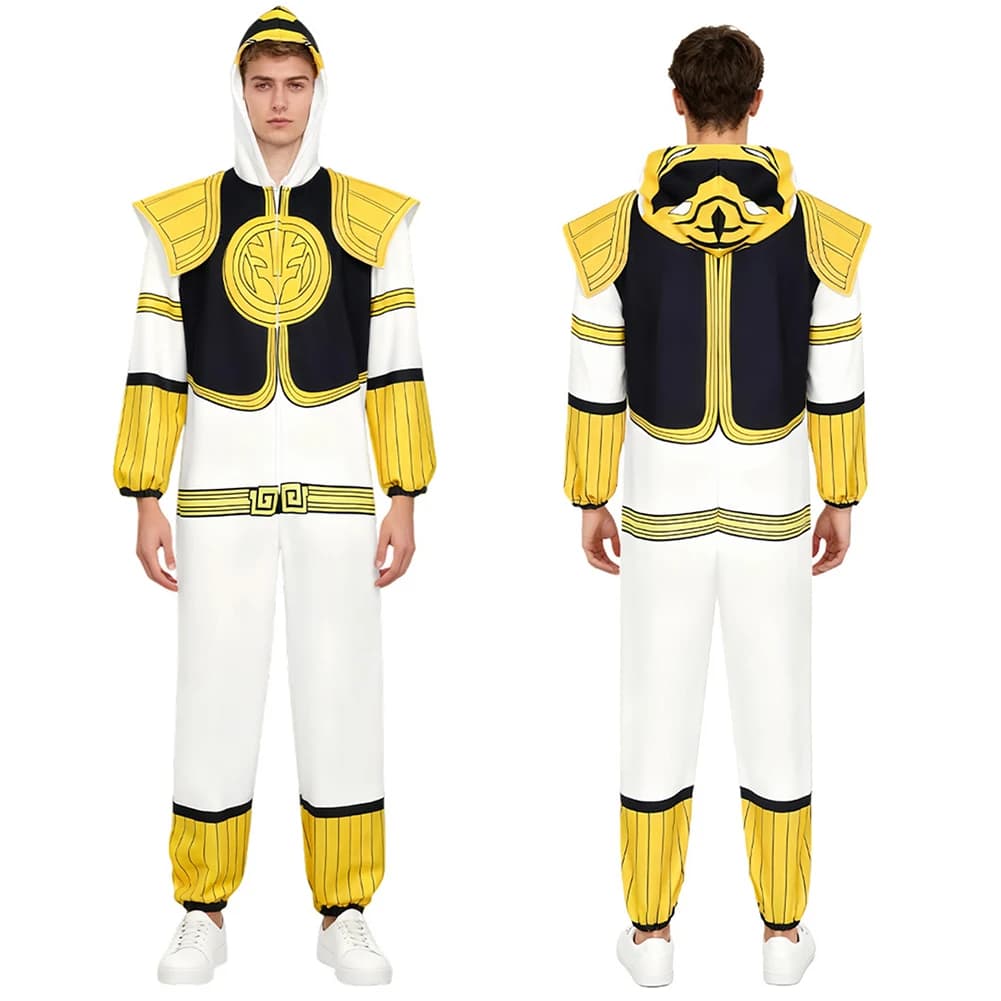 TV Potente Ranger Giallo Solider Costumi da bagno Cosplay Costume Bianco Gloden Tuta Costumi da bagno Pigiama con cappuccio Abiti di Halloween da uomo