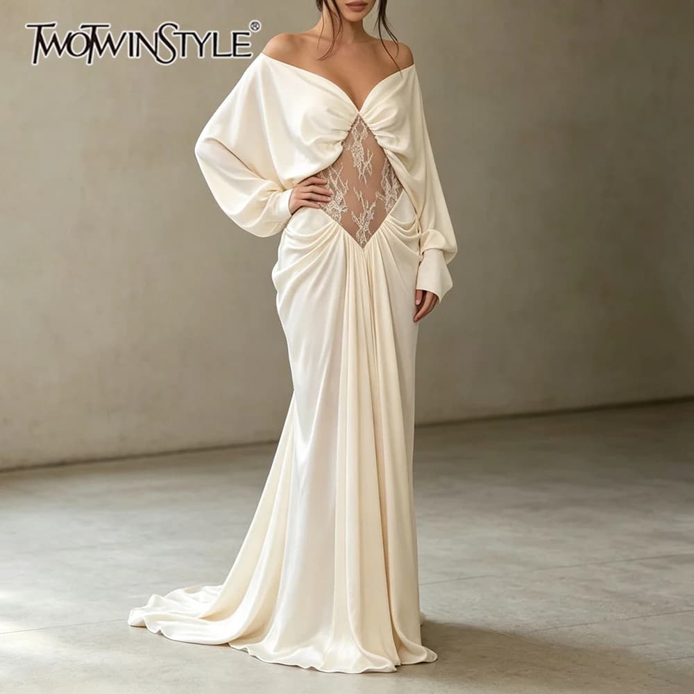 TWOTWINSTYLE Solid Spliced Lace Loose Maxi Dress for Women Off Shoulder Long Sleeve Patchwork Zipper Casual Dresses Female Style