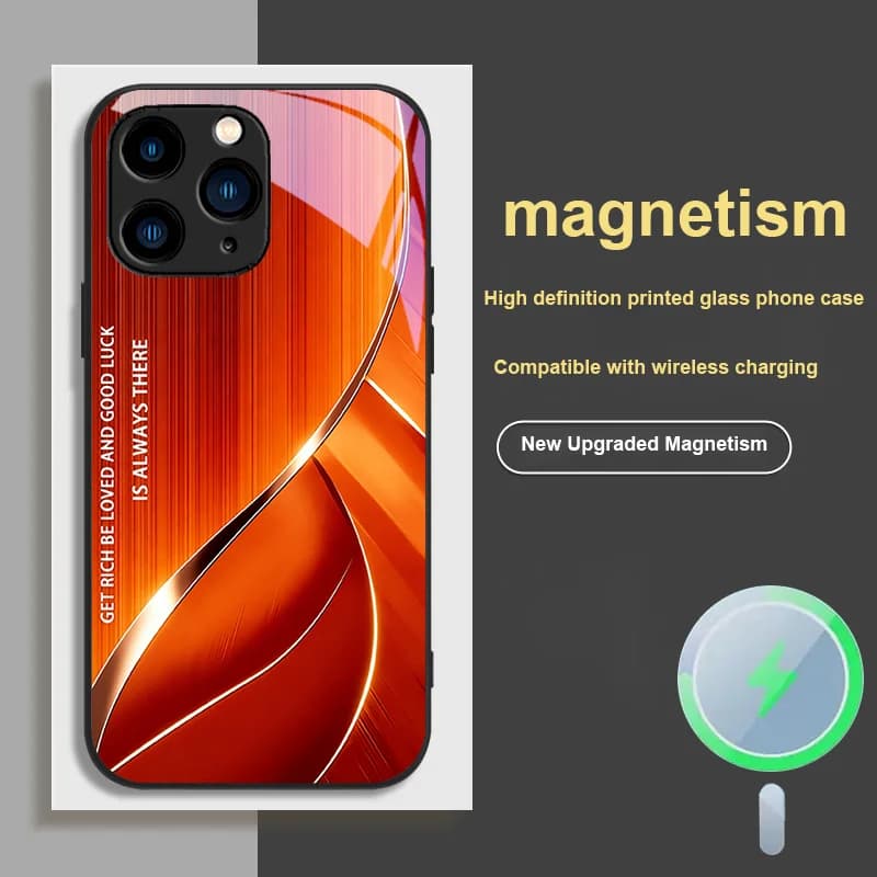 Custodia Magnetica Nera in Vetro per iPhone X XR 15 12 14 Pro 13 XS MAX 16 11, Serie Zhaocai con Stampa Oro, Protezione Antipolvere