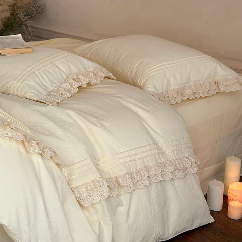 Bed linen set in soft 100% cream-washed cotton Set of chic French bed linen with volant for girls Cover Bed linen Loyalty Queen King 4 pieces