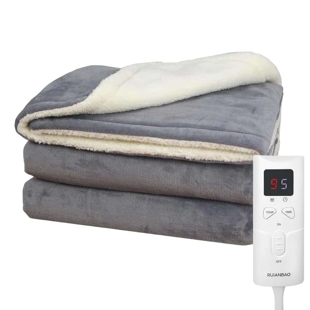 RUIANBAO Heated Throw Blanket 180 x 130 cm, Grey Micromink & Sherpa 2-in-1 Electric Blanket, 9 Heat Settings, LCD Controller