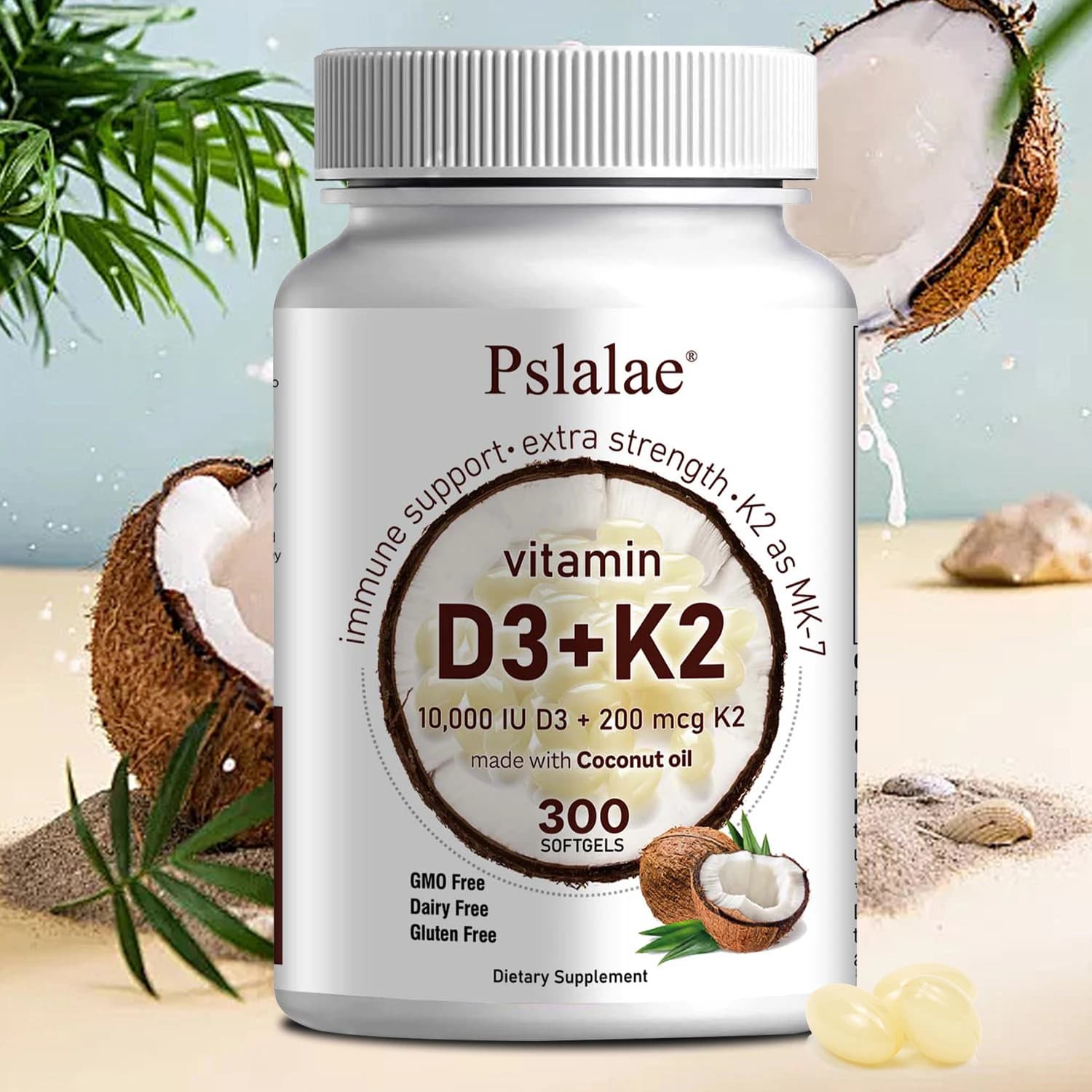 Vitamin D3 K2 Virgin Coconut Oil 300 capsules 2 in 1 Vitamin D and K Support Calcium absorption in bones