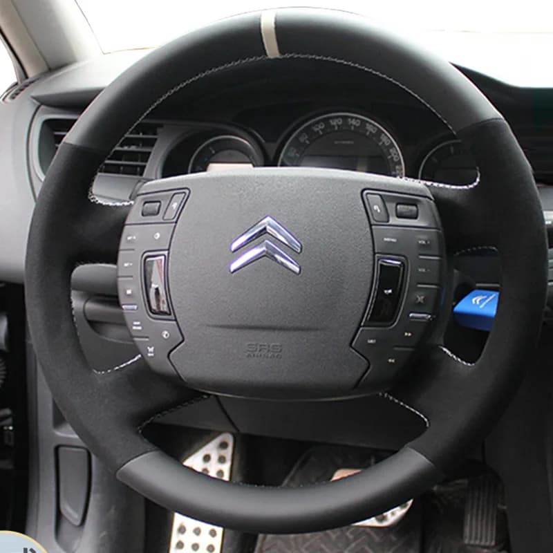 Per Citroen C5 2007-2015 Coprivolante per auto in vera pelle scamosciata nera antiscivolo cucito a mano fai da te
