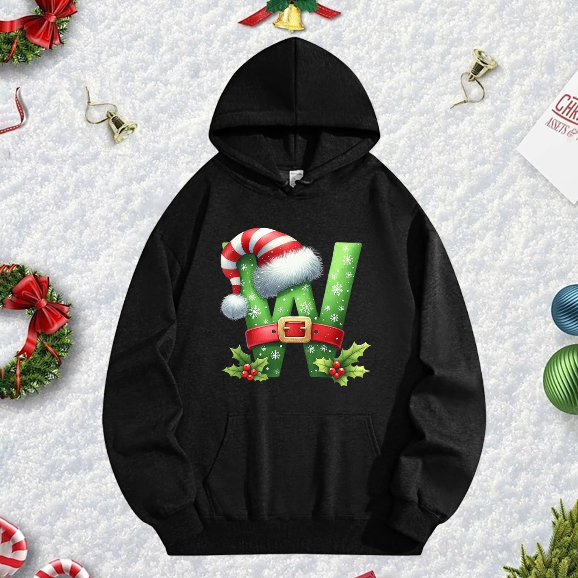 Christmas W 270G black hoodie for men and women, comfortable oversize fleece pullover for Christmas fall/winter New Year