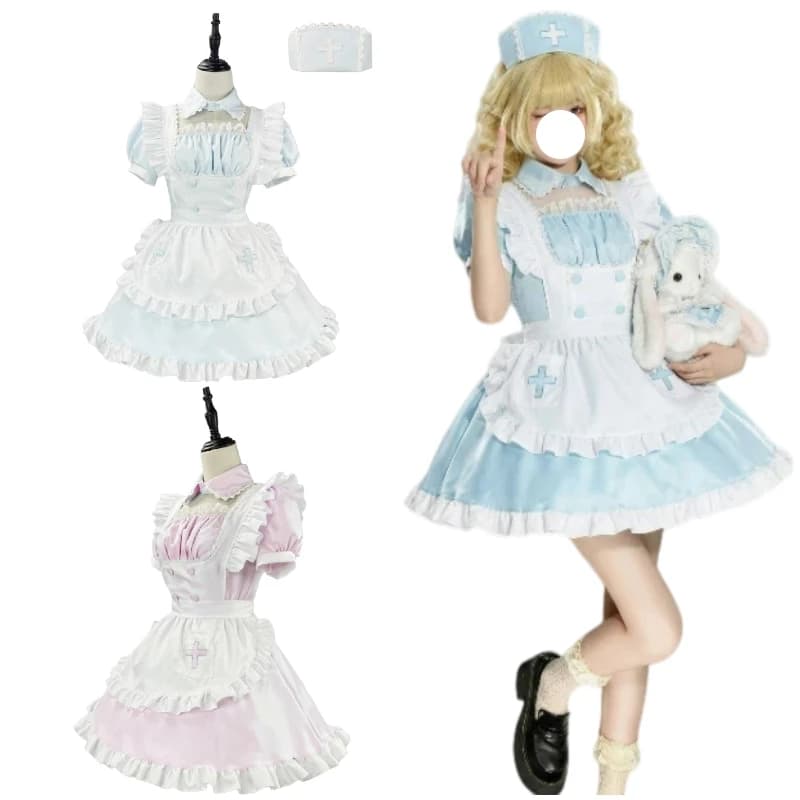 Set Uniforme da Infermiera Anime, Costume Cosplay, Vestito Lolita Blu/Rosa con Grembiule, per Donna, Performance, Halloween, Festa in Maschera