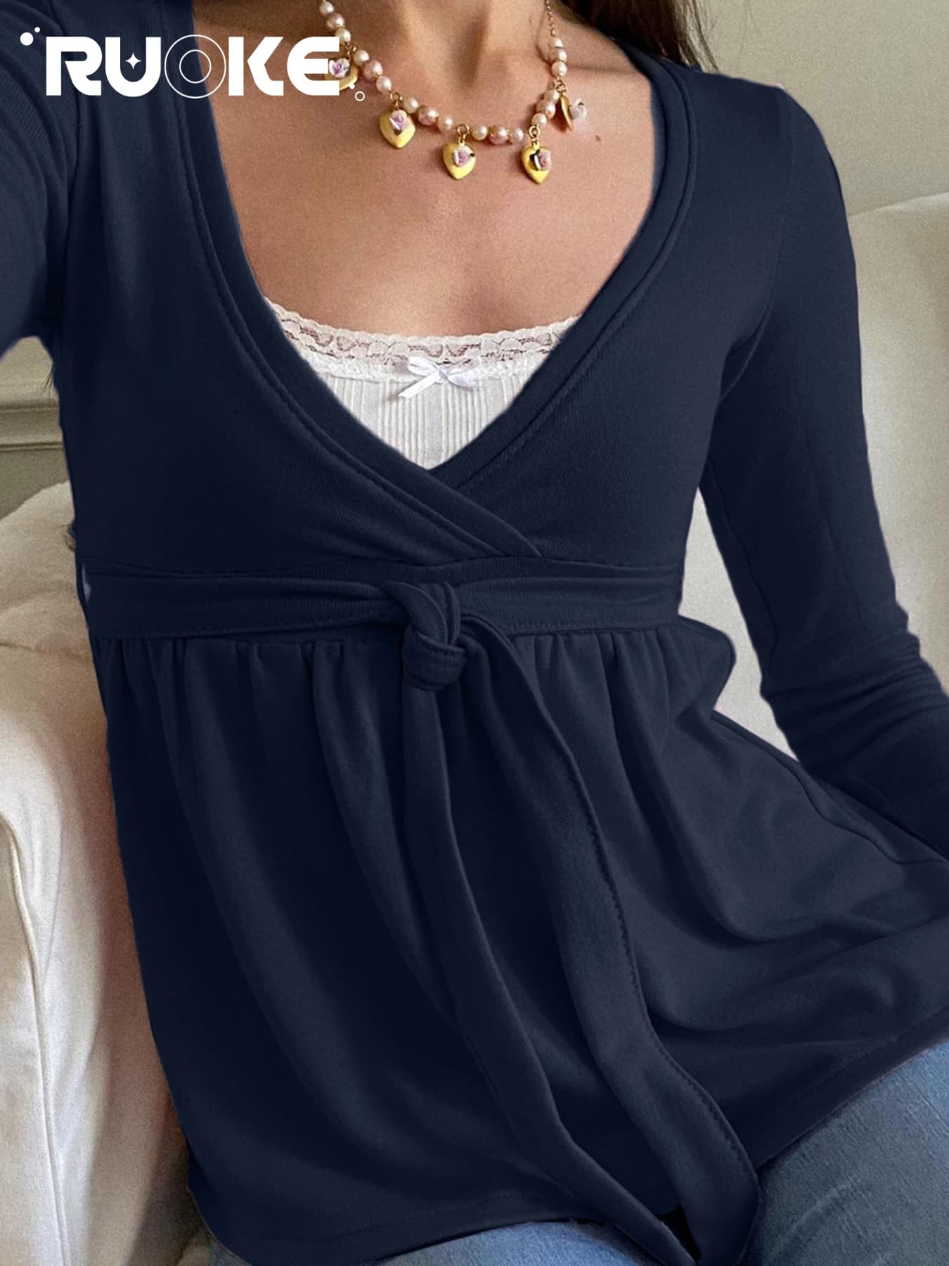 [RUOKE] T-shirt a Maniche Lunghe con Fascia, Elegante e Semplice, con Arricciatura, Linea ad A, Casual, Abbinabile a Tutto, Abbigliamento Primaverile da Donna, Outfit per San Valentino