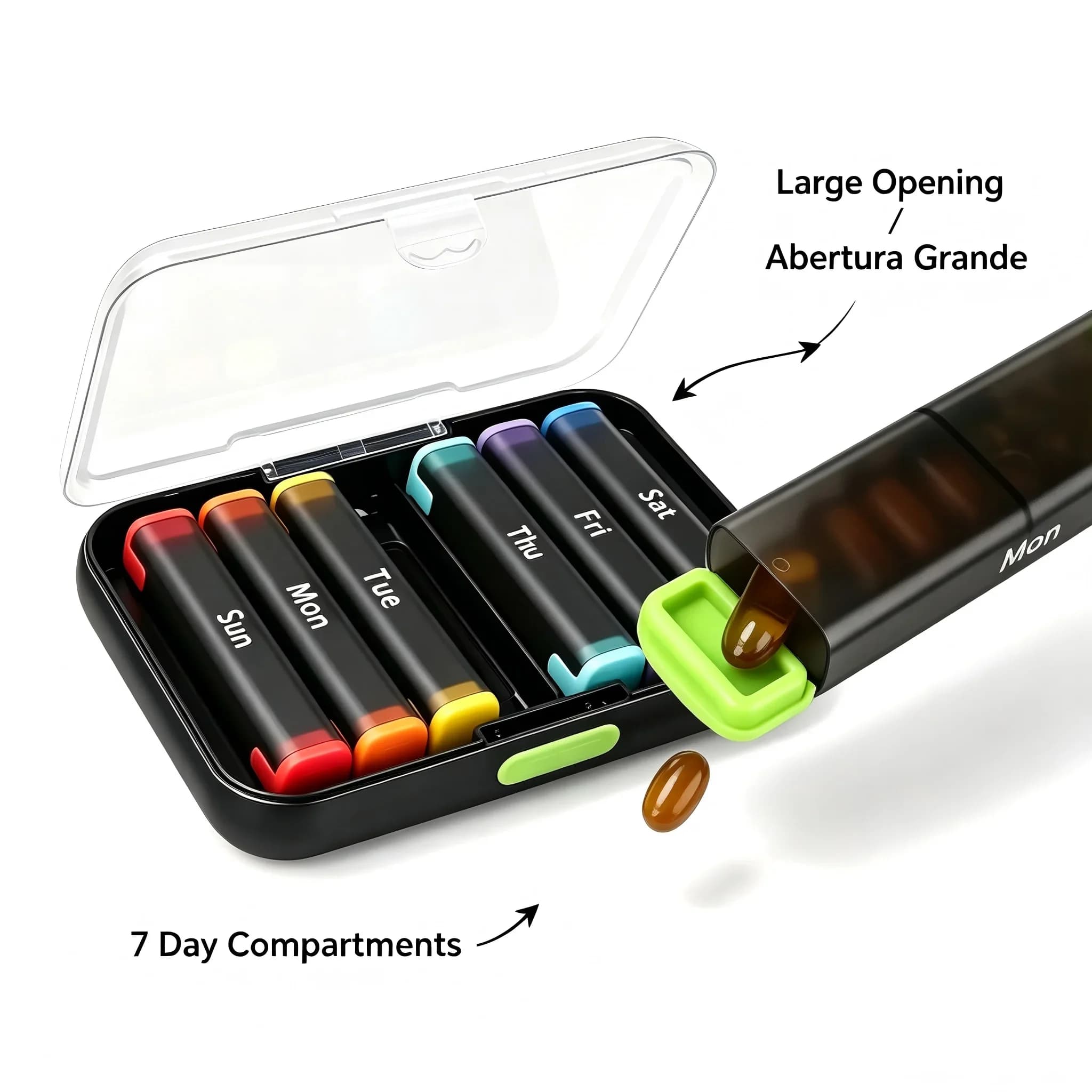 Organizzatore settimanale per pillole da 7 giorni, portapillole con ampia apertura, custodia portatile da viaggio per vitamine, olio di pesce, integratori e farmaci