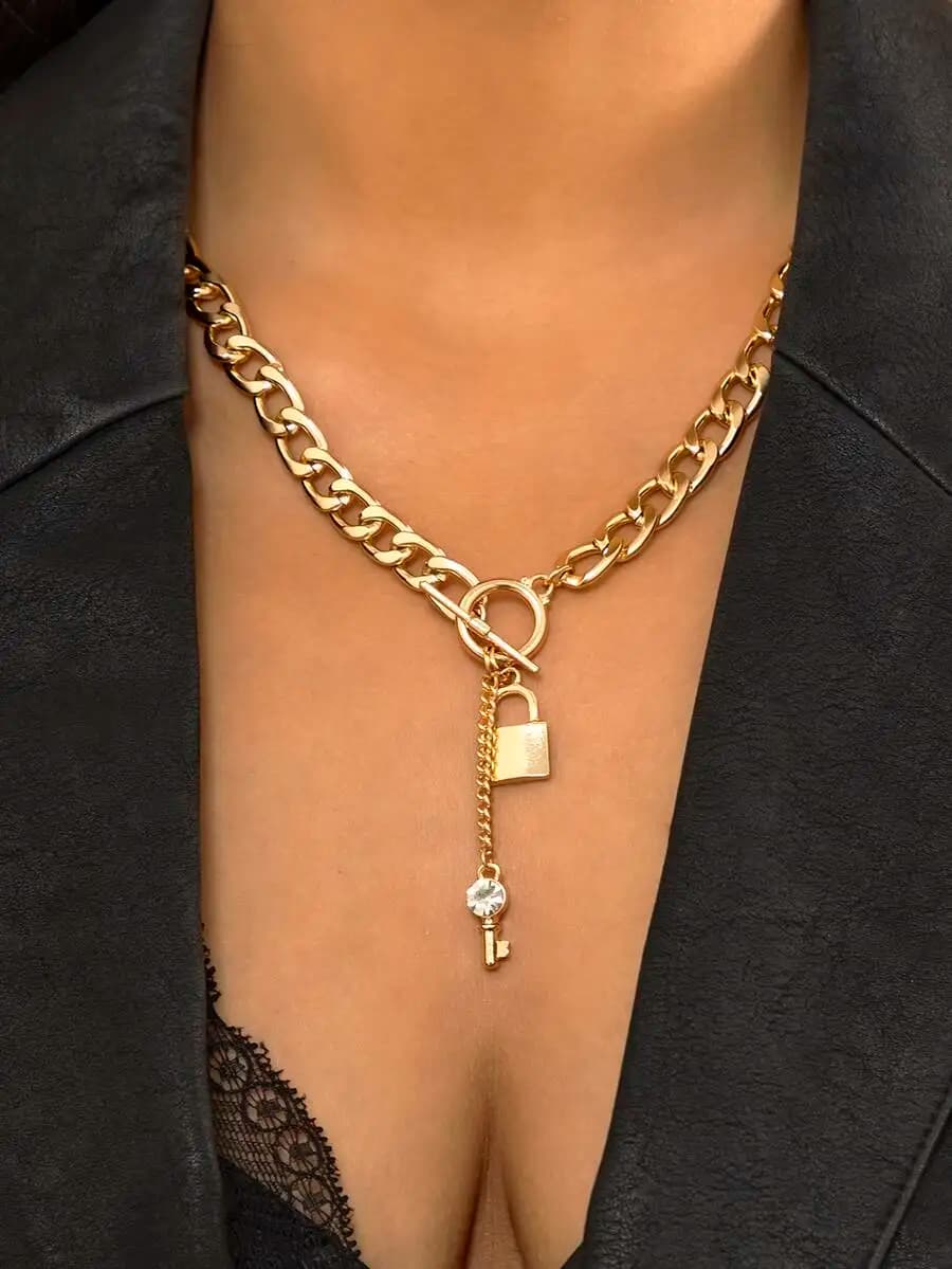 Lock and Key Chain with Rhinestone Charm Necklace