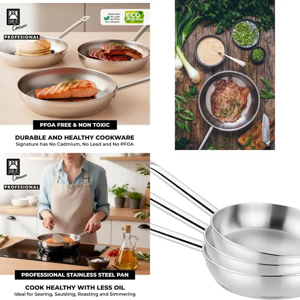 Professional set of 3-piece pans | 8, 9,5, 10,2 | Stainless steel | Compatible with all cooktops | 100% without FOA | Brushe