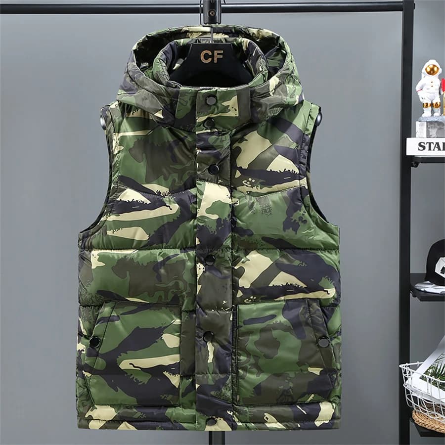 2025 Gilet da uomo nuovo inverno caldo addensare giacche senza maniche imbottito mimetico gilet con cappuccio abbigliamento da uomo cappotto maschile abbigliamento da lavoro