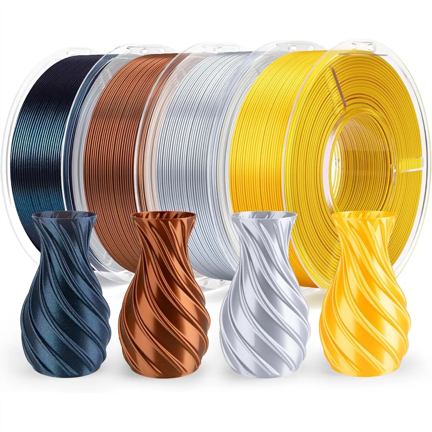 Filamento PLA Seta in Confezione da 4 Colori, Bobine da 250g, Diametro 1.75mm, Precisione Dimensionale +/- 0.02mm, Colori: Oro/Argento/Bronzo/Nero Galassia