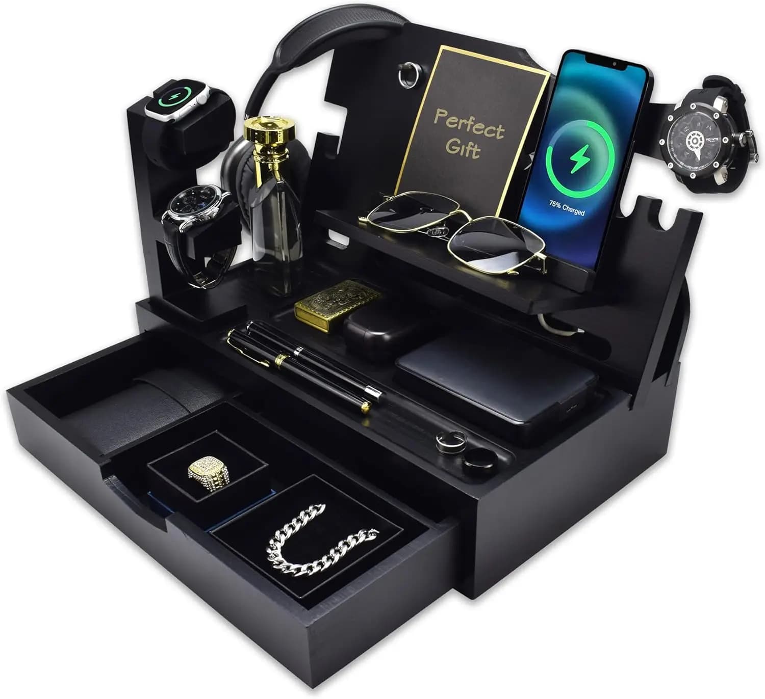 Organizer da Comodino in Legno con Ampio Cassetto, Stazione di Ricarica per Apple Watch, Porta Portafoglio e Chiavi, Regalo Ideale per Uomini