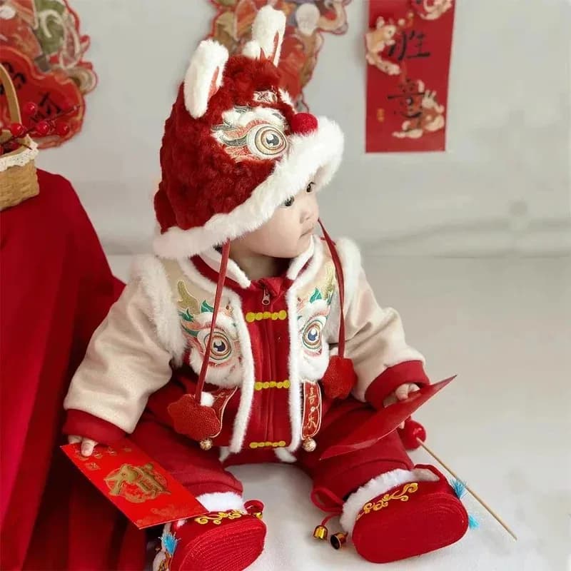 2025NEW Drago Costume tradizionale cinese Hanfu per neonate Pagliaccetto floreale rosso Capodanno Regalo di compleanno Natale