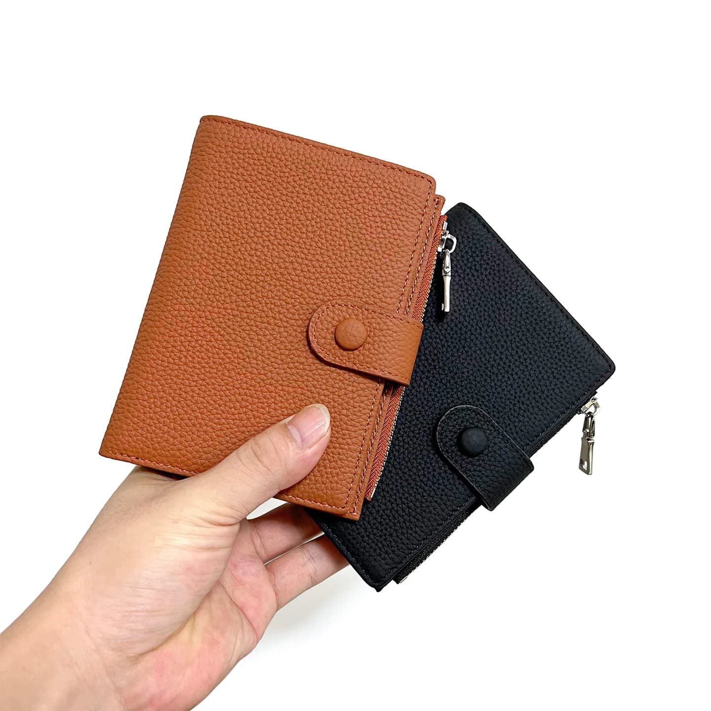 Leather Short Bifold Travel Wallet Snap Button Multi Card Slots Passport Holder with Zipper Coin Pocket Cash Purse for Men Women