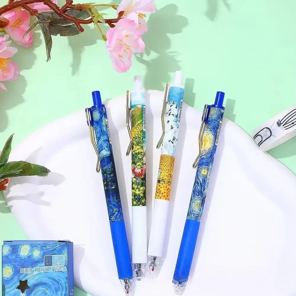 Set di 4 Penne a Sfera con Design Ispirato a Van Gogh, Inchiostro Nero 0.5mm, Penne a Pressione per Studenti
