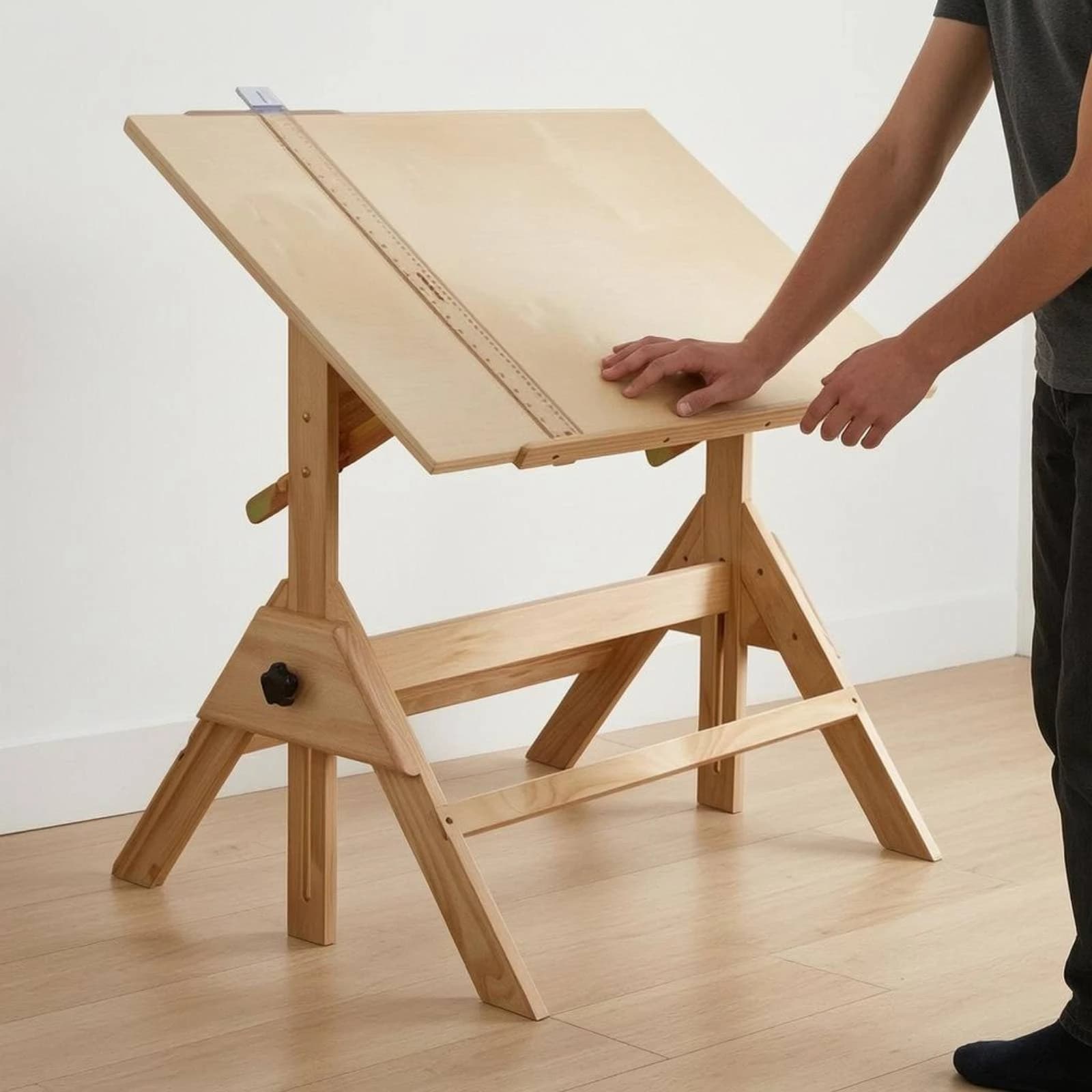 Art Furniture Drafting Desk Adjustable Angle Wooden Drawing Table with T-square Included for Workspace Setup