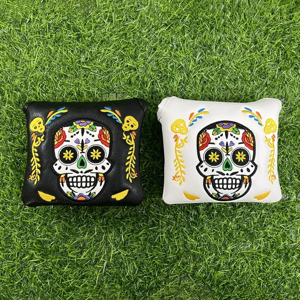 Copricapo magnetico per putter da golf con tema teschio, ecopelle resistente, adatto ai putter quadrati, regalo perfetto per i golfisti da uomo.