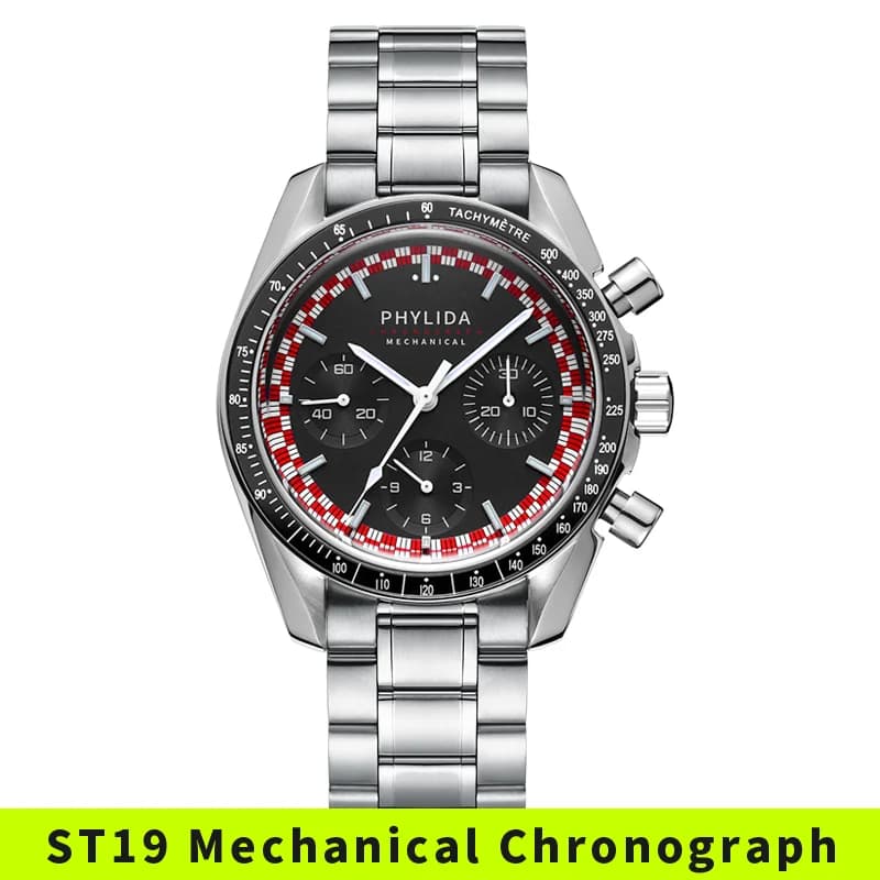 PHYLIDA 40mm Orologio da uomo ST19 Cronografo meccanico Orologio da polso Carica manuale Cappello a cilindro Cristallo di zaffiro Speedy Edizione limitata