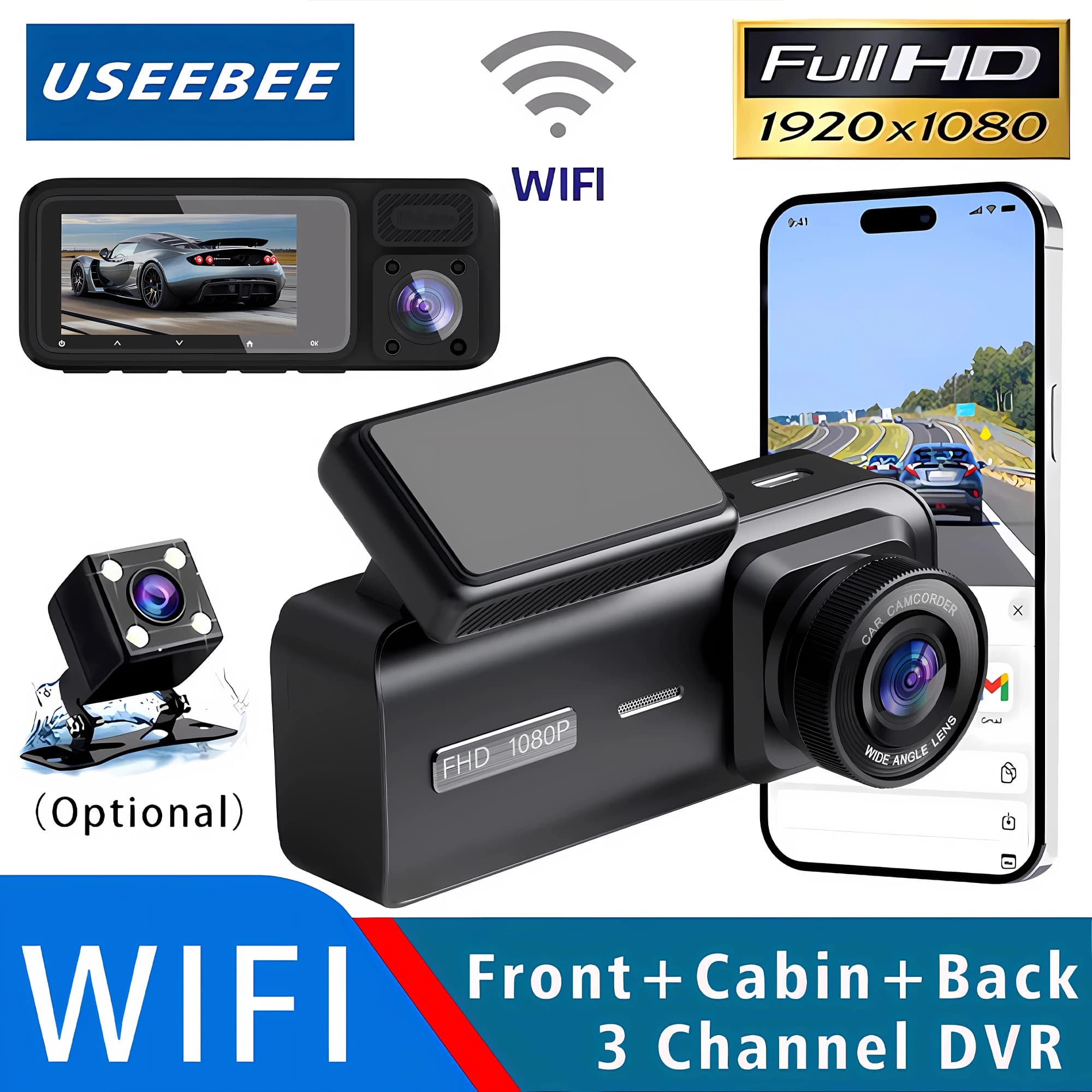 Dash Cam WIFI at 3 Channels HD 1080P, Car Camera with Three Objectives, Mini DVR Video Recorder for Interior Vehicles