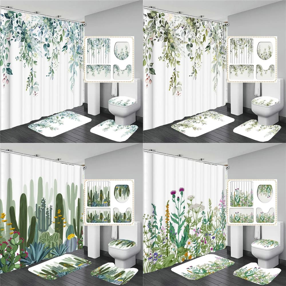 Set di tende da doccia con foglie verdi Primavera Pianta rurale Fiore Tende da bagno Antiscivolo Copriwater Tappeto Tappetini da bagno Decorazioni per la casa