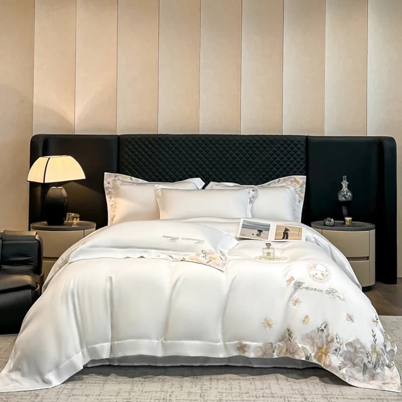 Soft and silky natural eucalyptus fiber Lyocell bedding set, duvet cover with embroidery with white flowers, sheet with corners, pillowcase
