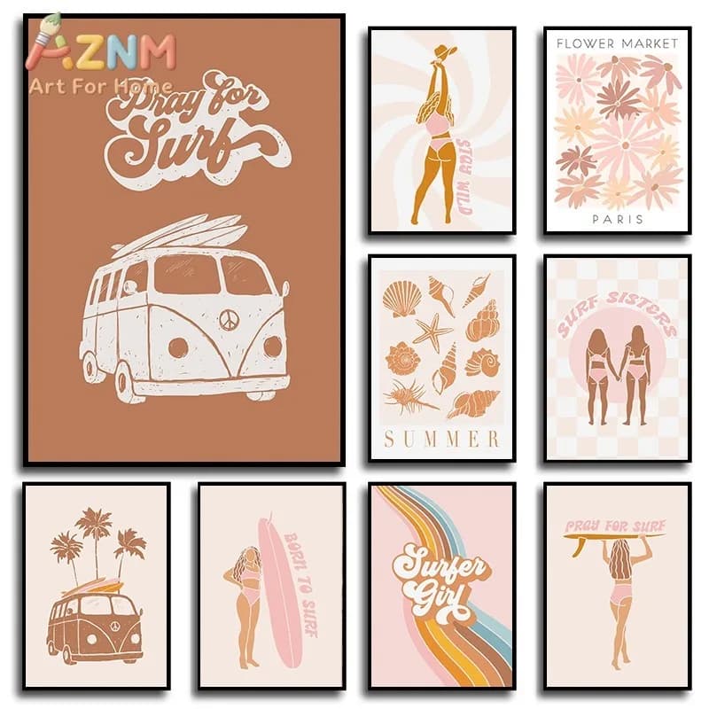 Boho Beach Surfer Girls Modern Surfboard Summer Seashell Poster and Print Canvas Printing Wall Art Picture for Living Room Decor