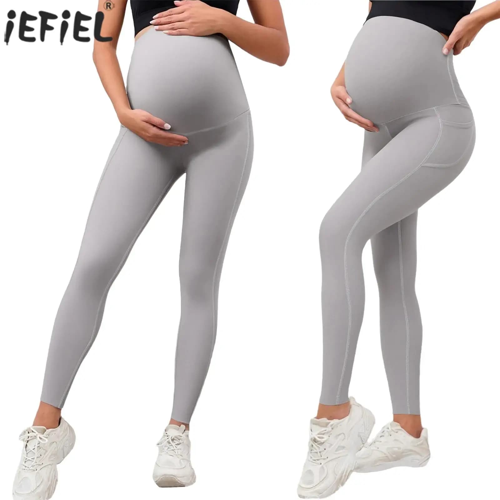 Leggings premaman con tasche sopra la pancia Pantaloni elasticizzati casual da donna in gravidanza Collant per palestra Yoga Allenamento Fitness Sport